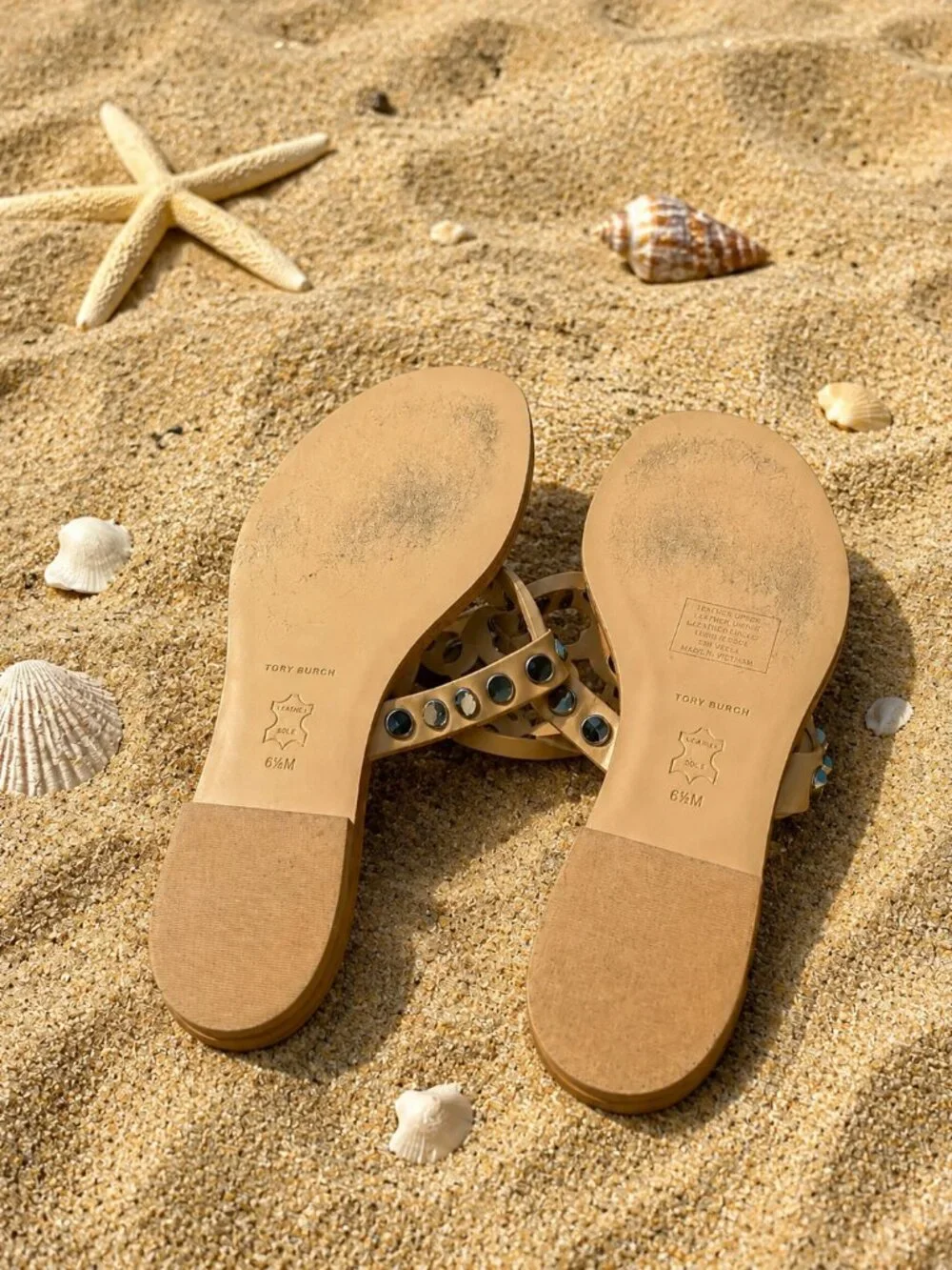 EUC Tory Burch Miller Studded Leather Flat Sandals in Cantucci/Silver